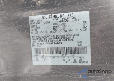 2010 Ford Ranger Xl/Xlt from USA, damaged, VIN 1FTKR1ED4APA44298